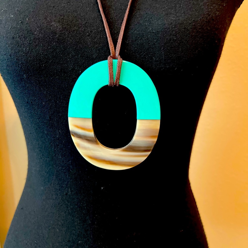 Turquoise & Buffalo Horn Statement Pendant Necklace | Adjustable Leather Cord - Picture 2 of 10